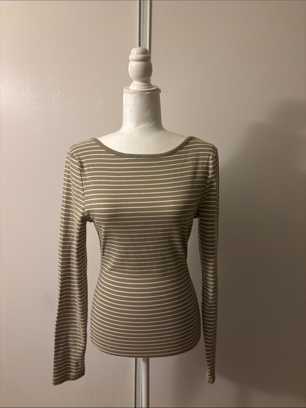 Universal Thread Striped Boatneck Long-Sleeve Top in Taupe and White